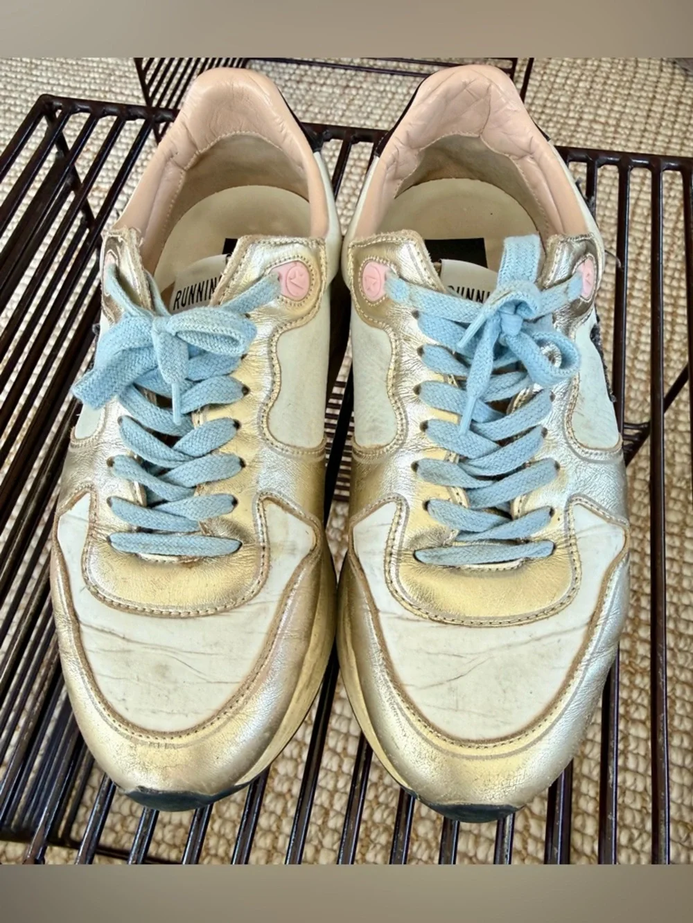 Golden Goose Running Sneakers Sz 39 Gold Cream Glitter Star Italy - Picture 3 of 11
